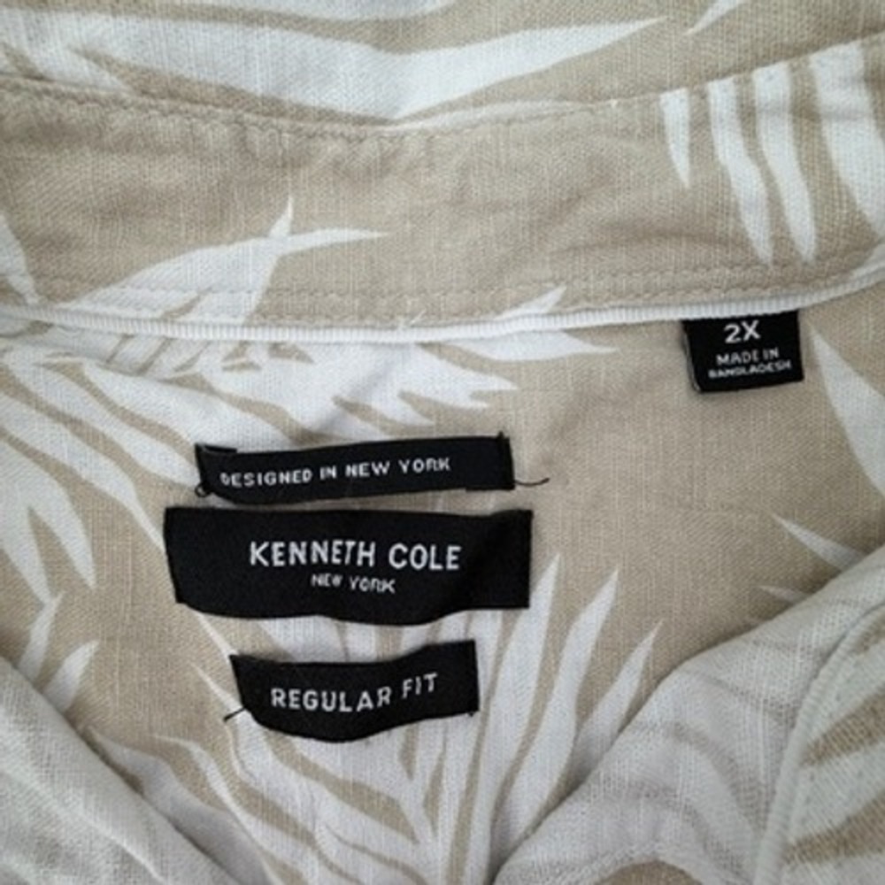 Kenneth Cole New York Mens 2X Tan White Palm Leaf Linen Blend Shirt KNXM05NN7T3 - Picture 4 of 8